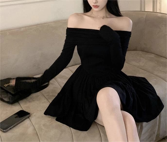 Off-Shoulder Fitted Skater Dress - Preview Angle 2