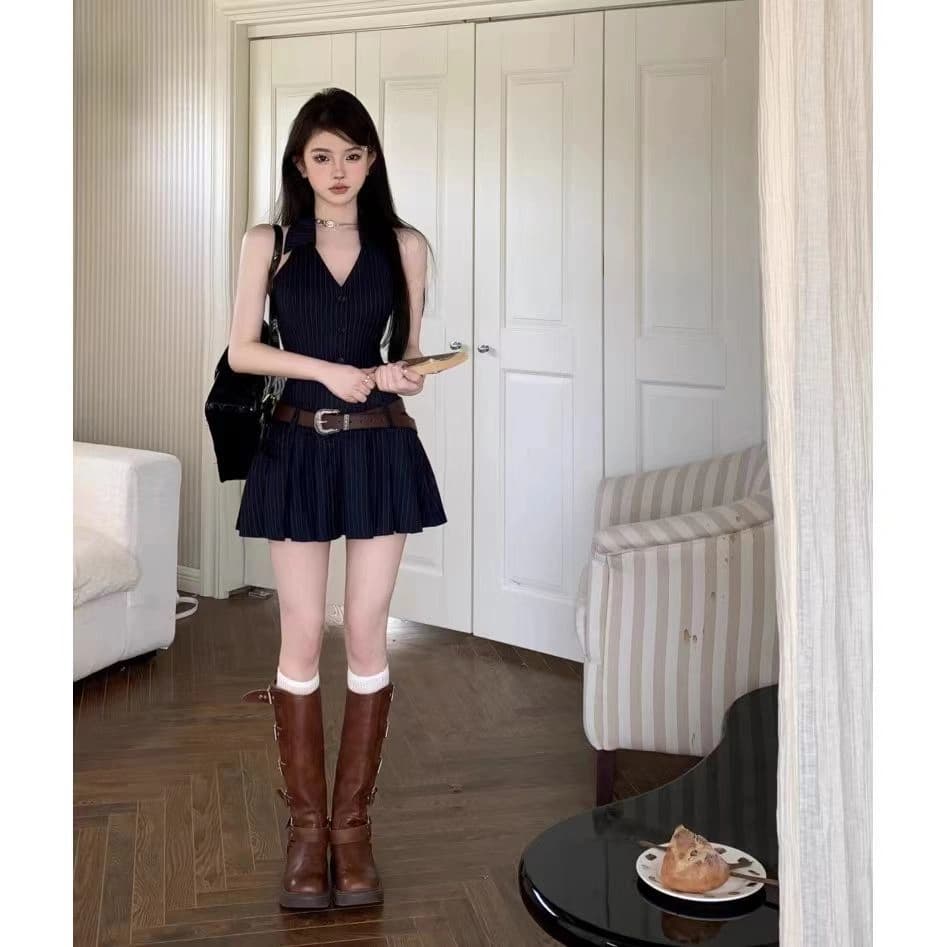 Pinstripe Halter Dress with Belt